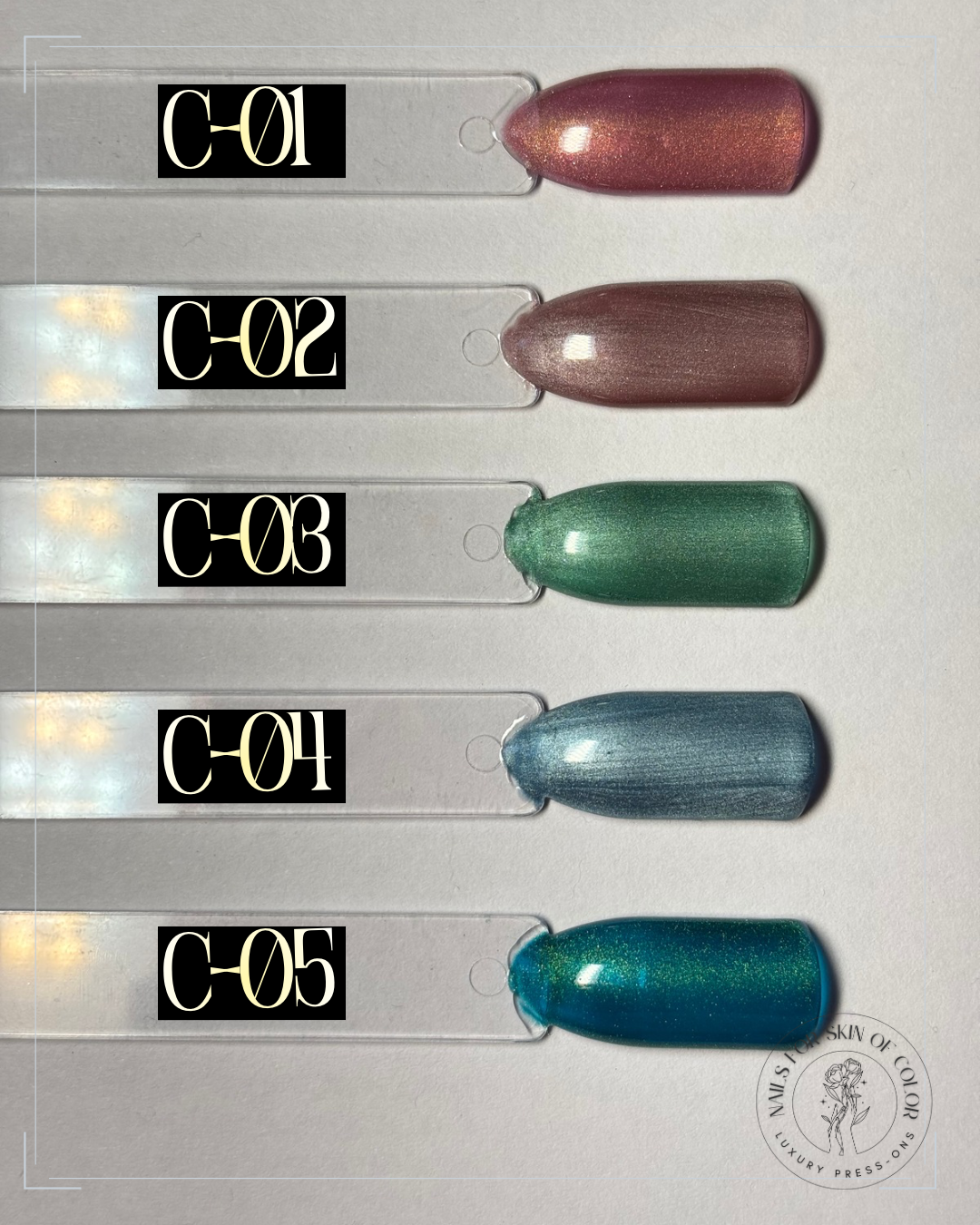 Set of five nail polish samples in different colors on a gray background with 'C-01' to 'C-05' labels.